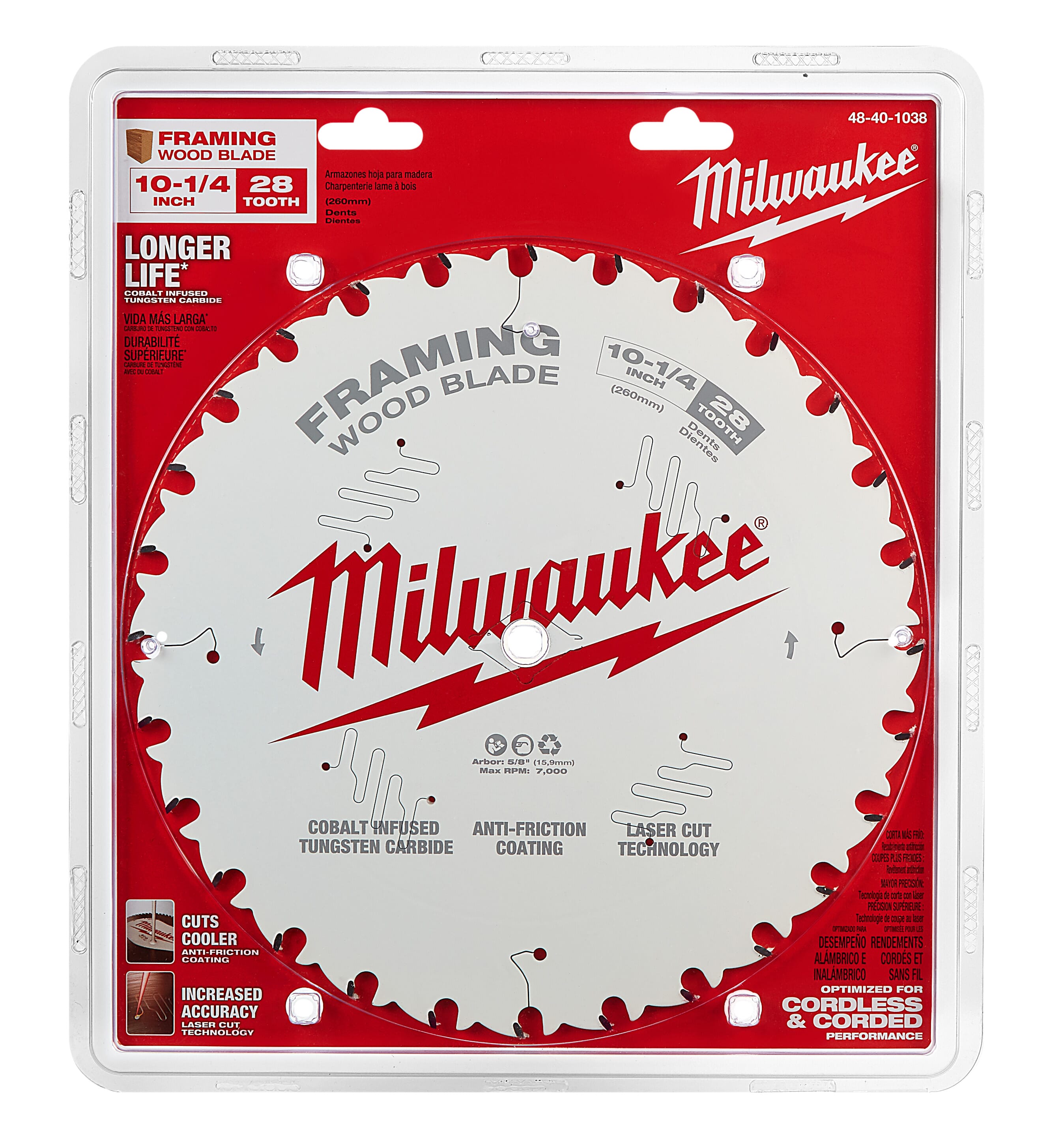 Milwaukee® 48-40-1038 Framing Thin Kerf Circular Saw Blade, 10-1/4 in Dia x 1.05 in THK, 5/8 in Arbor, Carbide Blade, 28 Teeth
